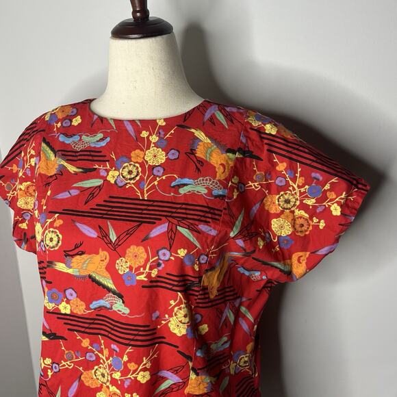 Vintage Handmade Womens Top Red Art to Wear Boxy Cotton Chinois Print Size M/L - Picture 3 of 6